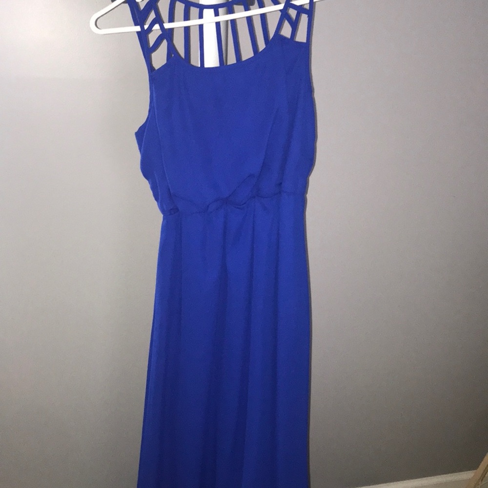 Cocktail blue maxi with lattice details.